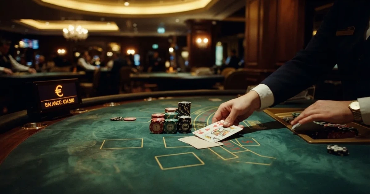 Un croupier distribuisce carte su un tavolo da gioco elegante, illuminato da luci soffuse in una sala professionale.