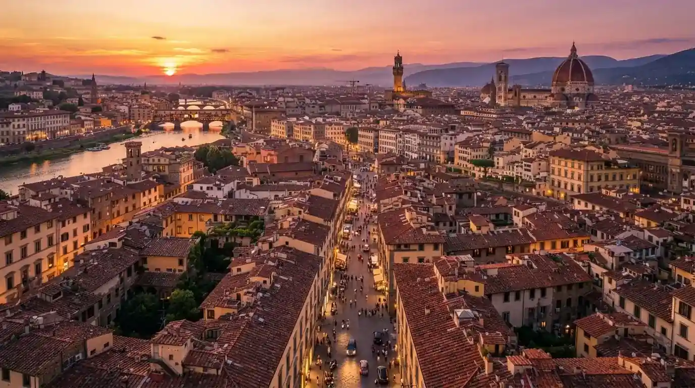 Vista dall'alto di una città italiana al tramonto, con luci che si accendono nelle finestre degli edifici lungo una via trafficata.